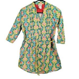 Matilda Jane Women size XS Green Acres Floral Tunic Front Button Tie Back Top